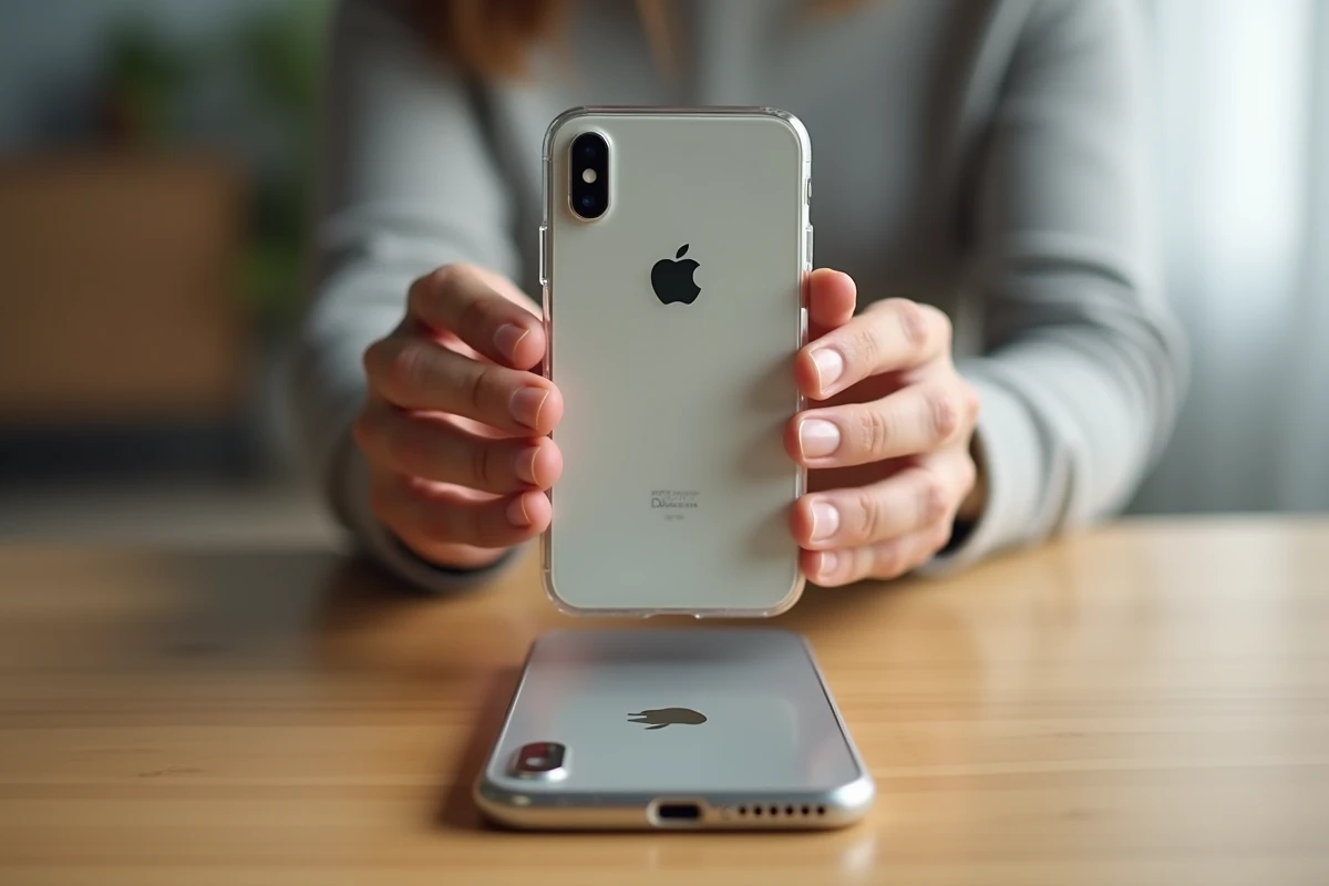 Mains inspectant les découpes d'une coque iPhone transparente pour vérifier l'alignement des boutons et du port de charge